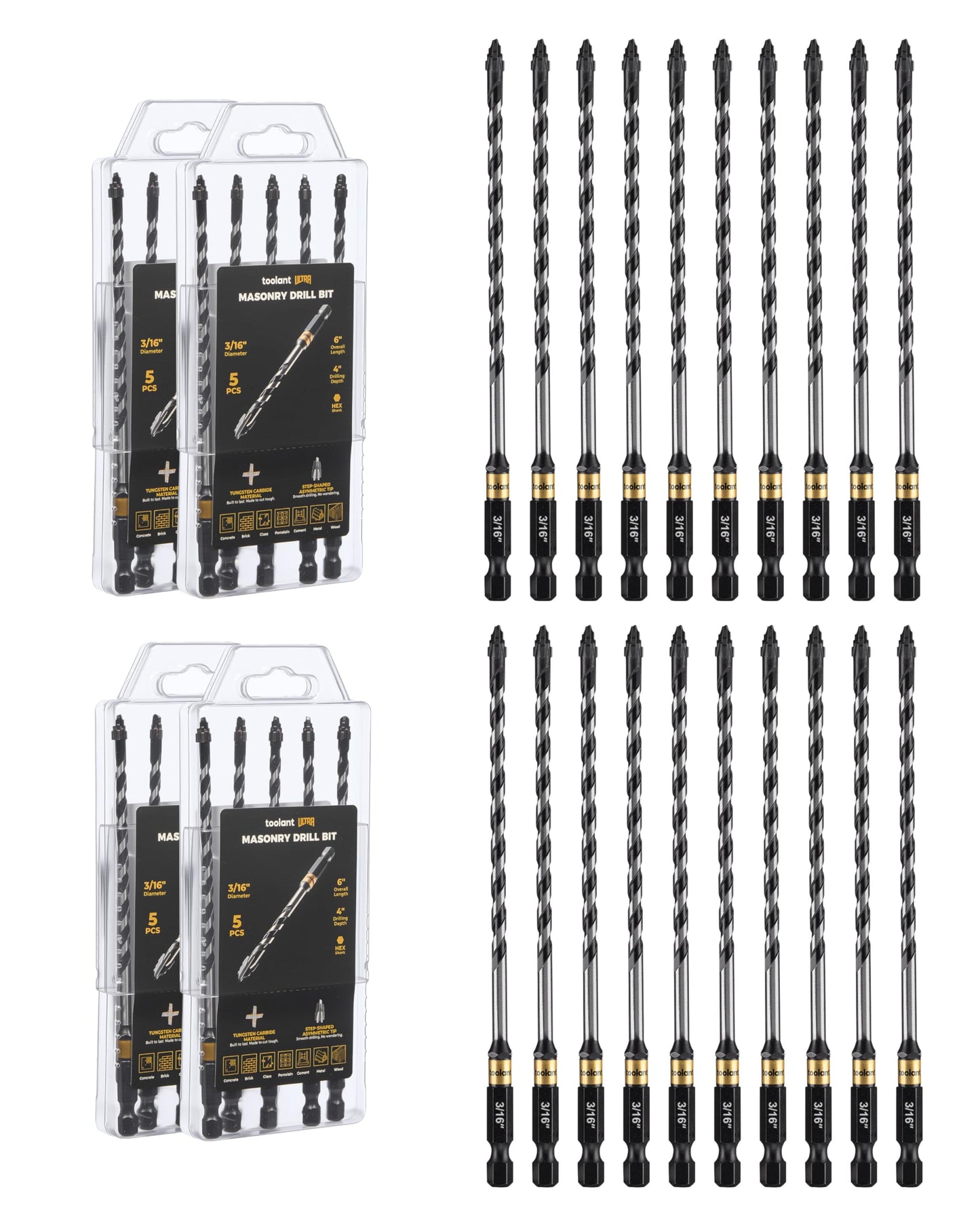 toolant Serrated Eccentric Masonry Drill Bit Set(5pcs),Four Edge Concrete Drill Bits for Glass, Tile, Brick, Cement Concrete Plastic,5/32"-3/8",Industrial Strength Carbide Drill Bit Tip