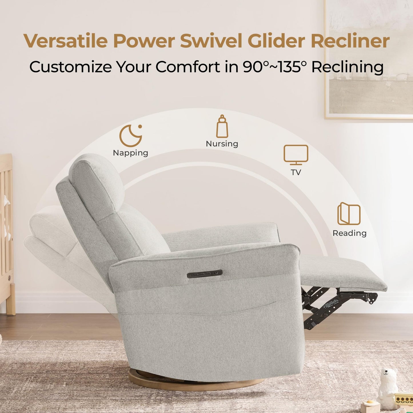 CHITA Power Recliner Chair, Electric Triple-Motor Swivel Glider Nursery Rocking Chair with Adjustable Power Headrest and Lumbar Support, GREENGARD Gold Certified, Solid Wood Base, Linen