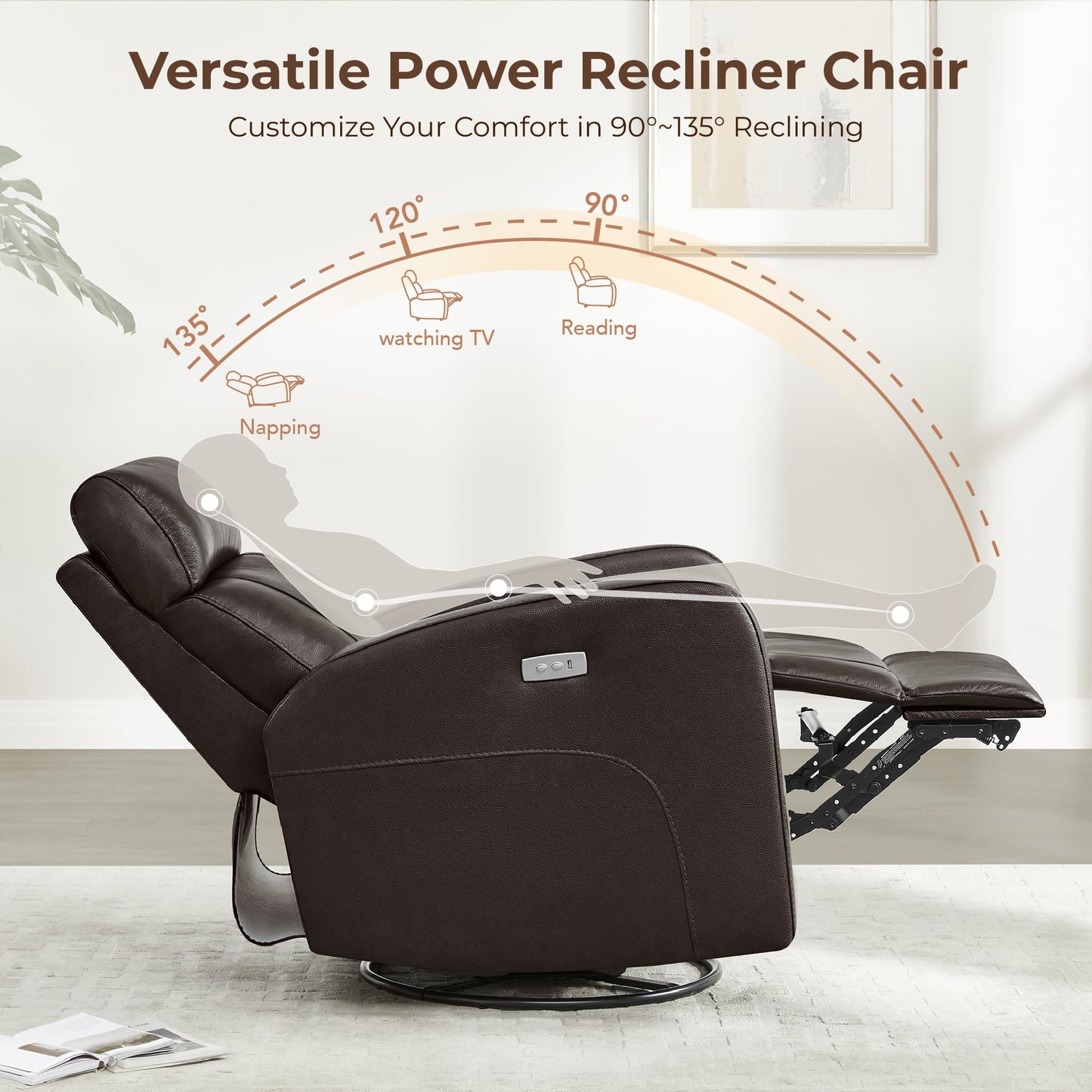 CHITA Genuine Leather Power Recliner Chair for Adults, FSC Certified Electric Nursery Swivel Glider for Living Room, Camel Brown