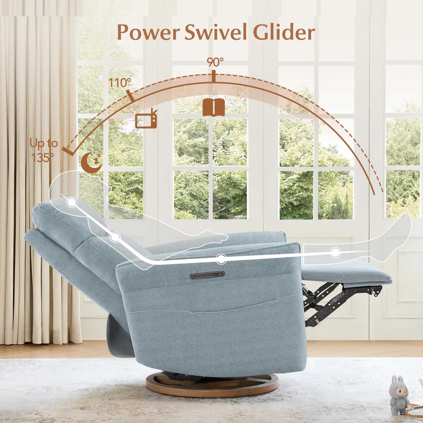 CHITA Power Recliner Chair, Electric Triple-Motor Swivel Glider Nursery Rocking Chair with Adjustable Power Headrest and Lumbar Support, GREENGARD Gold Certified, Solid Wood Base, Linen