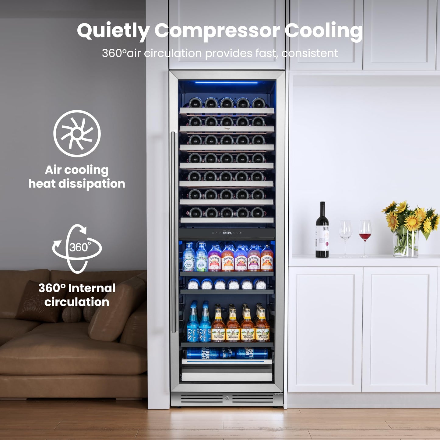 Yeego Wine Fridge Cooler - 24 Inch Dual Zone Wine Fridge Hold 52 Bottles, 40-65°F Wine Refrigerator Glass Door, Built in Fridge, Freestanding Adjustable Shelves Fridge for Beer Soda Drink Home Bar