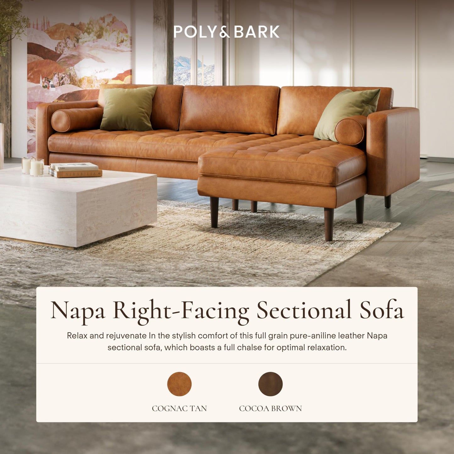 POLY & BARK Napa 82" Leather Pull‑Out Sleeper Sofa – Full‑Grain Italian Leather Upholstery,Tri‑Layer Mattress & Storage Console –Sophisticated Multi‑Functional Sofa Bed for Living Rooms & Guest Spaces
