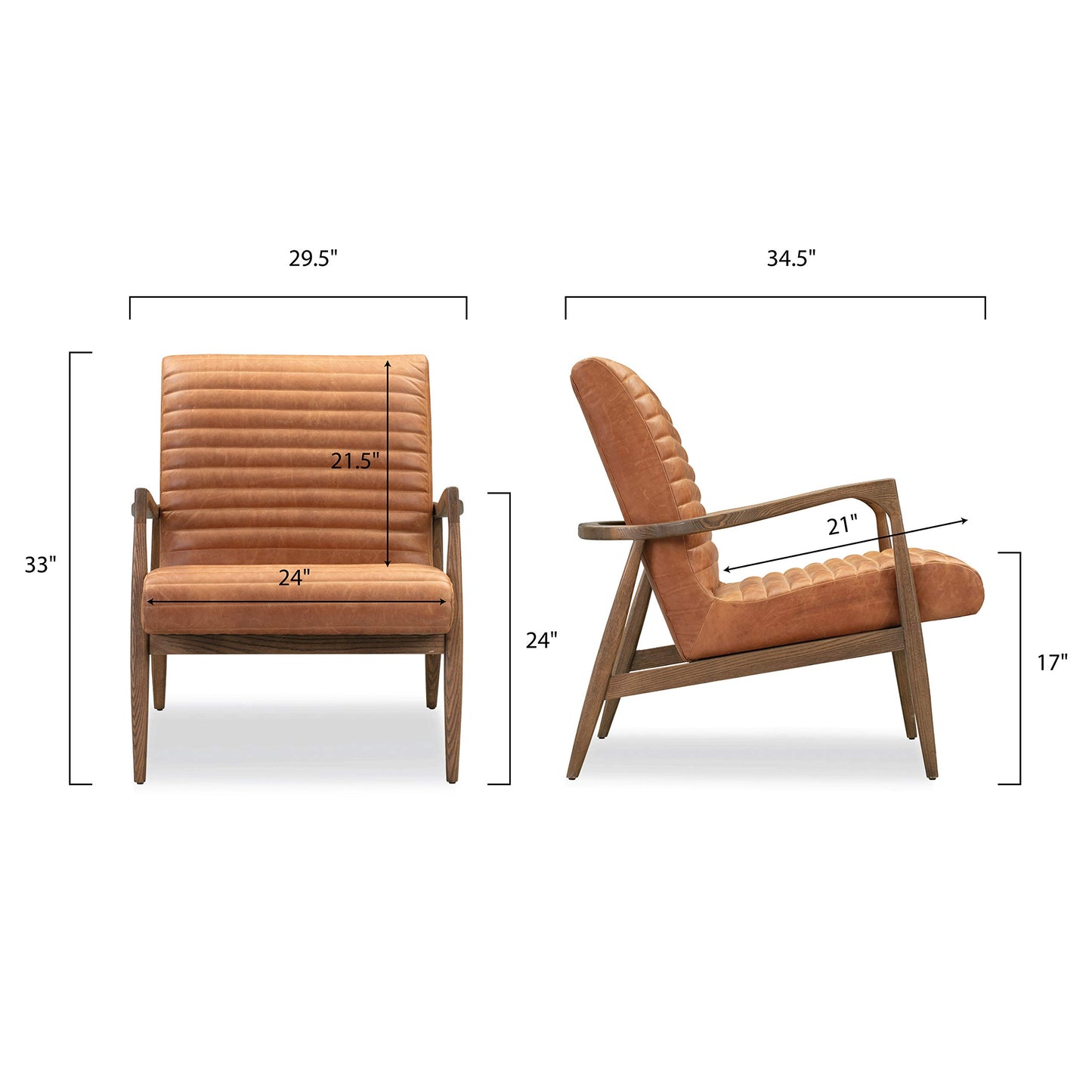 Poly & BARK Rowan Lounge Chairs Set of 2 – Mid Century Modern Leather Armchairs with Ribbed Seat and Solid Ash Wood Frame, Cognac Tan