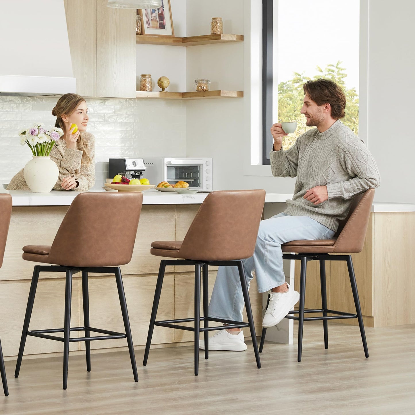 CHITA Swivel Bar Stools, 27.2" Counter Height Bar Stools Set of 3, FSC Certified Upholstered Modern Counter Stools, Metal Legs, Faux Leather, Saddle Brown