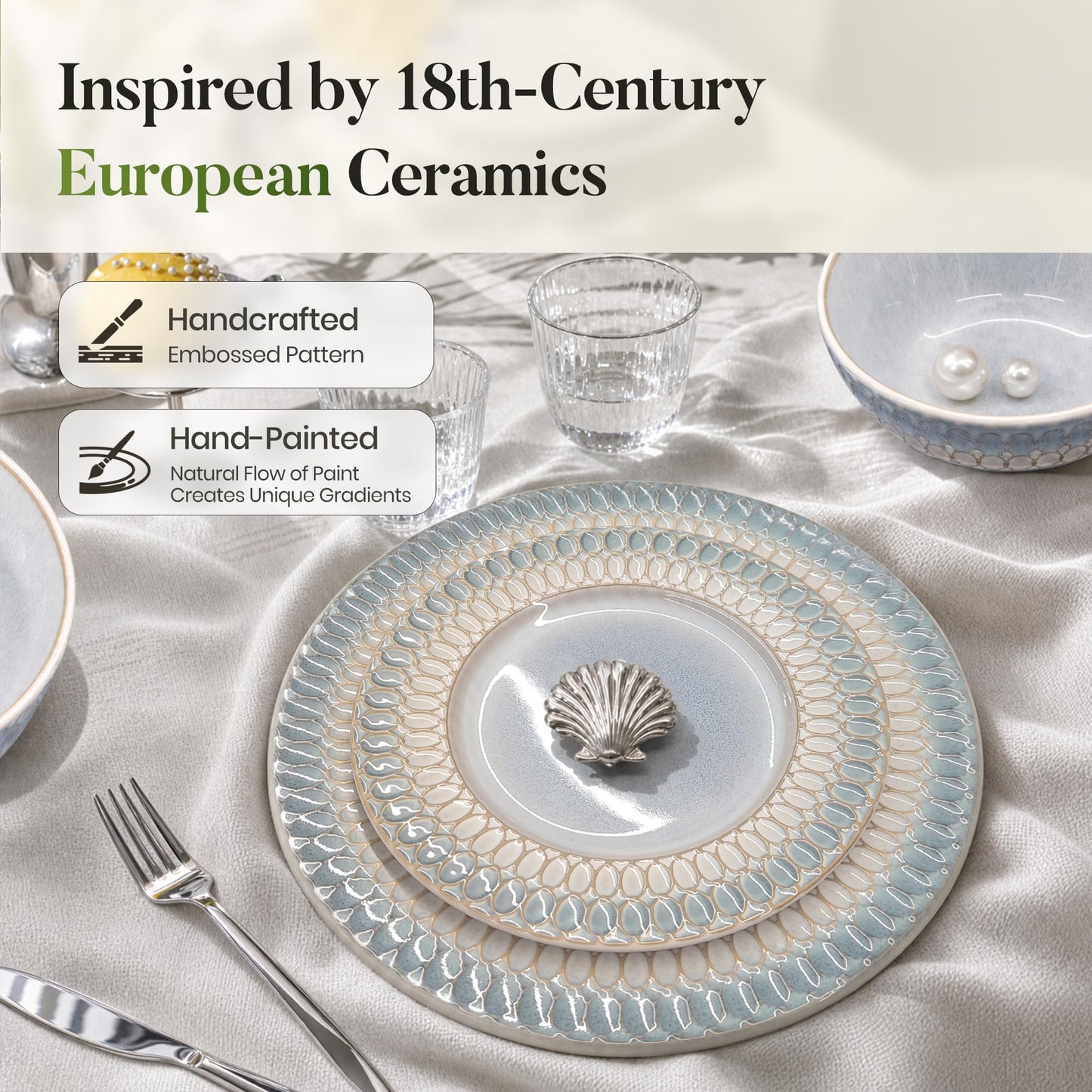 Kitchen Academy Stoneware Dinnerware Sets for 8, Embossed Ceramic Plates and Bowls Set, Beige Dishes