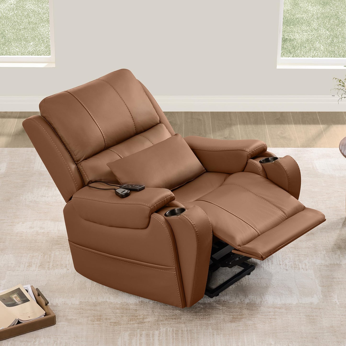 CHITA Power Lift Recliner Chair for Elderly with Heat and Massage, Genuine Leather Electric Lift Chairs with Cup Holder, Removable Lumbar Pillow, 2 Side Pockets, Leather in Navy