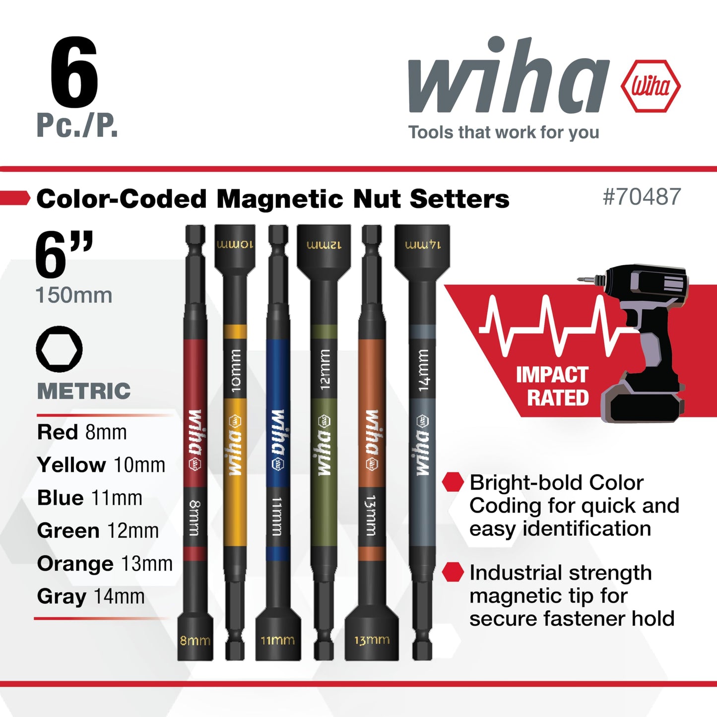 Wiha 70486 Magnetic Nut Setter Set, 6 Piece SAE, Color Coded, 1/4-Inch Hex Drive, Impact Rated