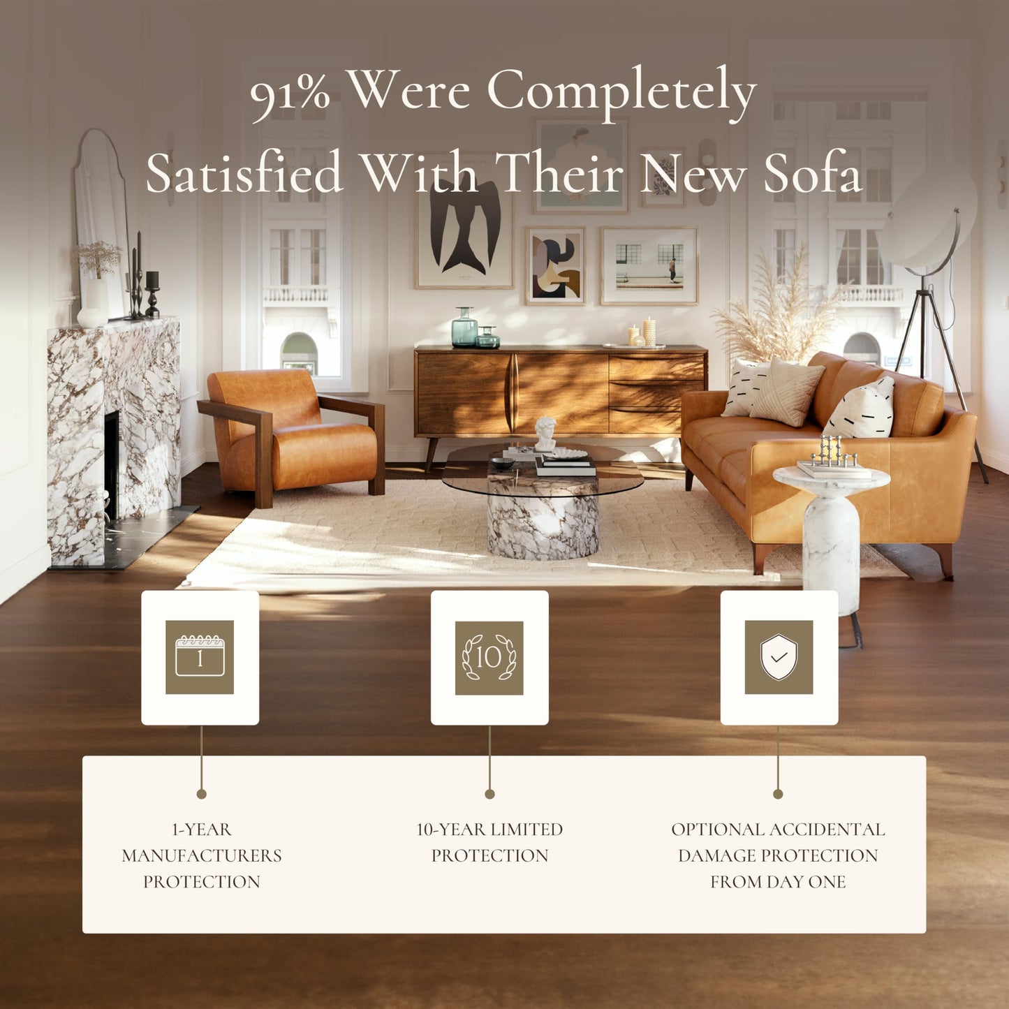 POLY & BARK Sorrento 86" Sofa – Cognac Tan Full-Grain Pure-Aniline Italian Leather, Feather-Down Cushions, Solid Wood Frame & Walnut Legs