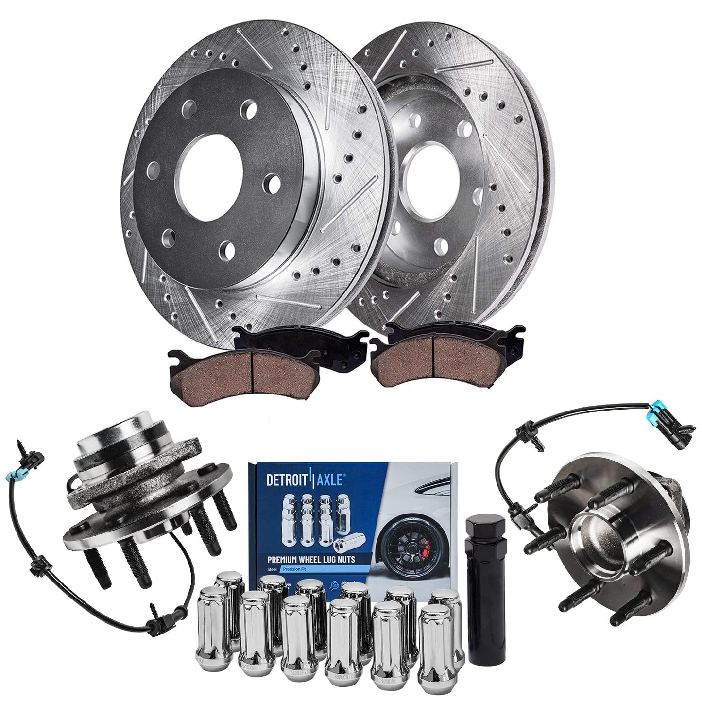 Detroit Axle - Brake Kit for 2006-2018 Dodge Ram 1500 2007-2009 Durango Chrysler Aspen 2019-2024 Ram 1500 Classic, Drilled Slotted Brake Rotors and Ceramic Brakes Pads w/Hardware Replacement