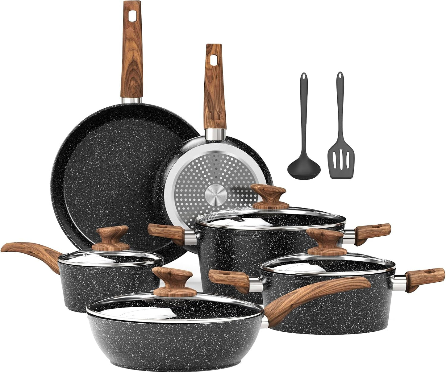 Kitchen Academy 12Pcs Black Pots and Pans Set Non Stick, Kitchen Induction Nonstick Cookware Sets, Best Cooking Pot and Pan Set