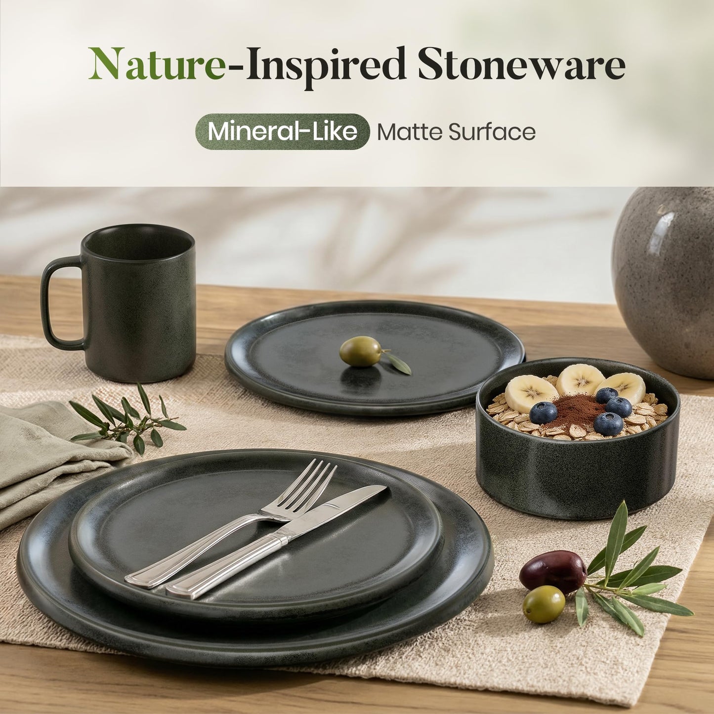 Kitchen Academy Stoneware Dinnerware Sets for 4, 16 Pieces Ceramic Non Toxic Plates and Bowls Sets, Scratch Resistant Handmade Dish Set, Oven & Microwave & Dishwasher Safe, Matte Black
