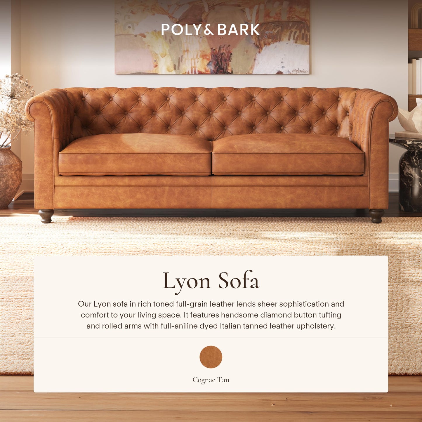 POLY & BARK Sorrento 86" Sofa – Cognac Tan Full-Grain Pure-Aniline Italian Leather, Feather-Down Cushions, Solid Wood Frame & Walnut Legs