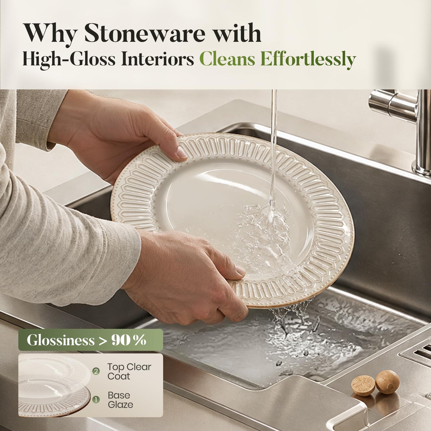 Kitchen Academy Stoneware Dinnerware Sets for 8, Embossed Ceramic Plates and Bowls Set, Beige Dishes