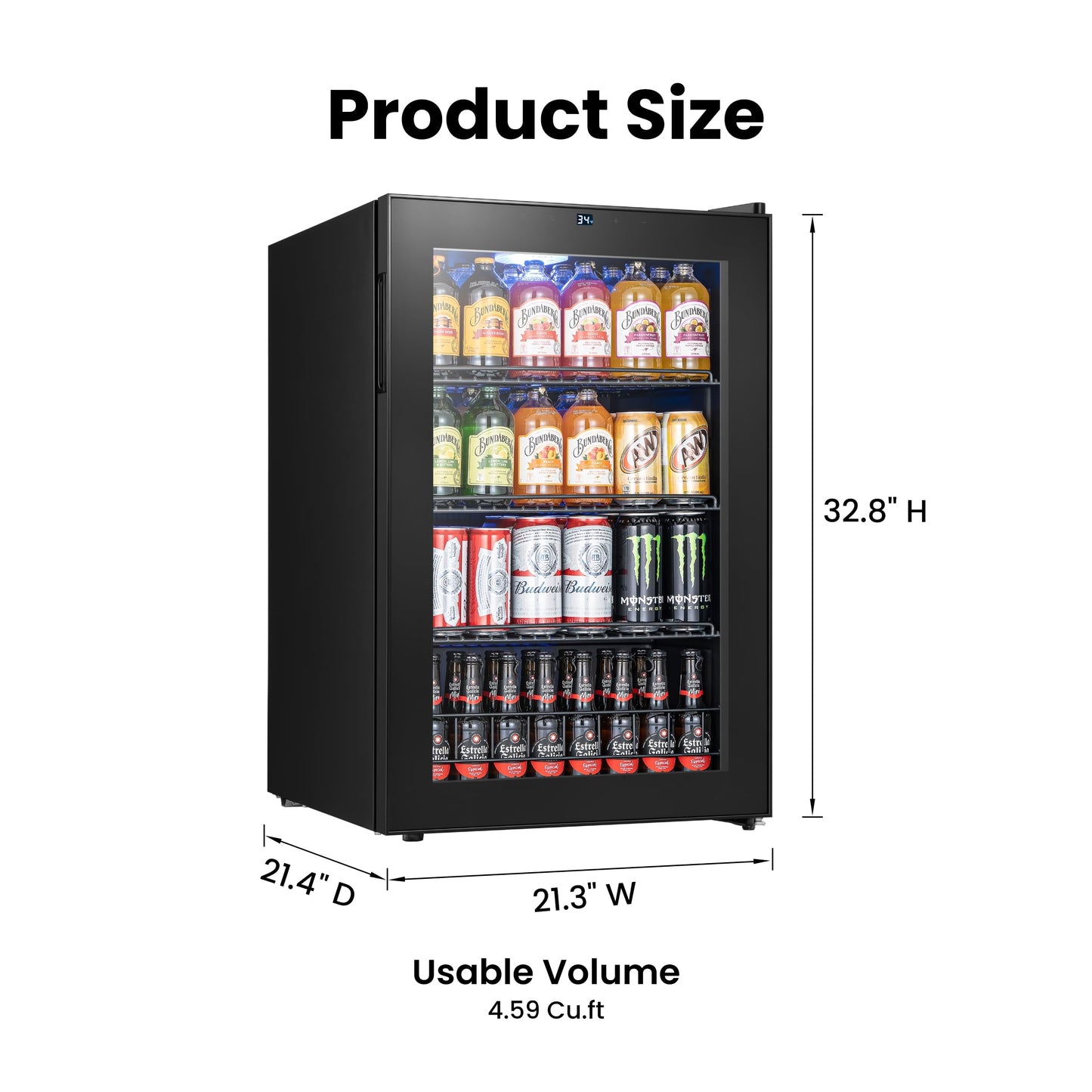 Yeego Beverage Refrigerator, 130 Can Mini Fridge with Glass Door, Adjustable Shelves, Digital Temperature Control 34°F-54°F, Drink Cooler for Soda, Beer and Wine, Freestanding or Under Counter, Black
