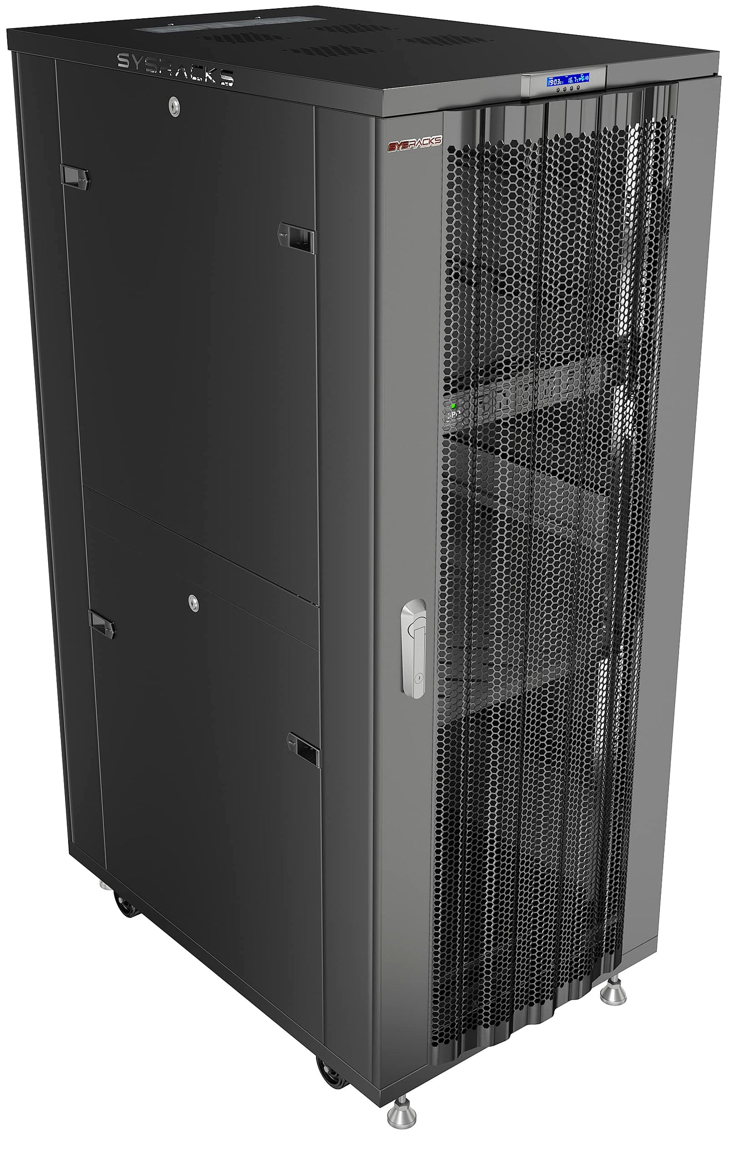 Sysracks 32U Server Rack Cabinet, 32" Deep, Glass Door, 19-Inch | 4-fan thermostat cooling, PDU, shelf, casters, cable brushes, 1600 lb capacity