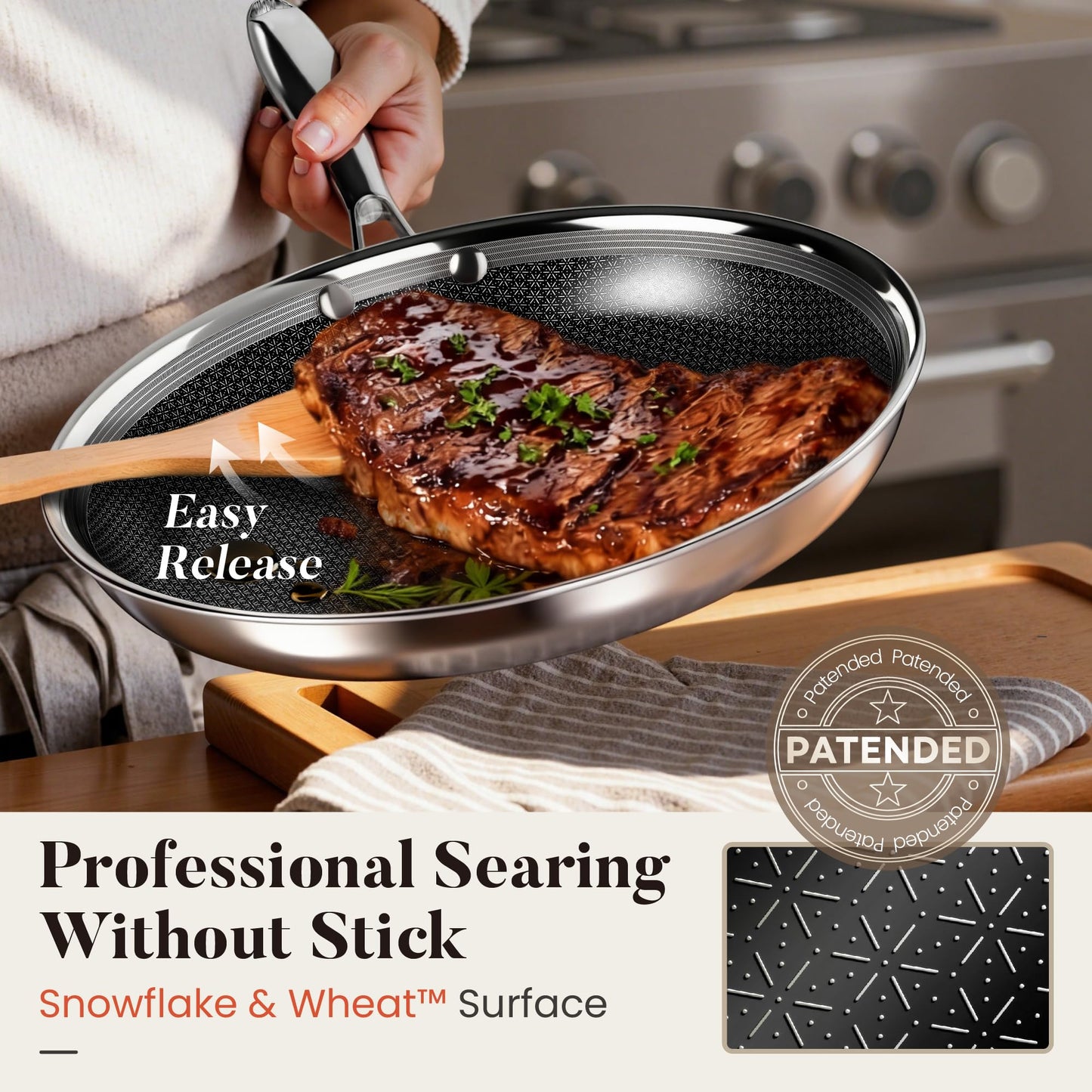 Kitchen Academy 8/10/12 Inch 3-Ply Stainless Steel Skillet Set, Induction Frying Pans, Oven Safe & Dishwasher Safe, PFOA-Free Cookware