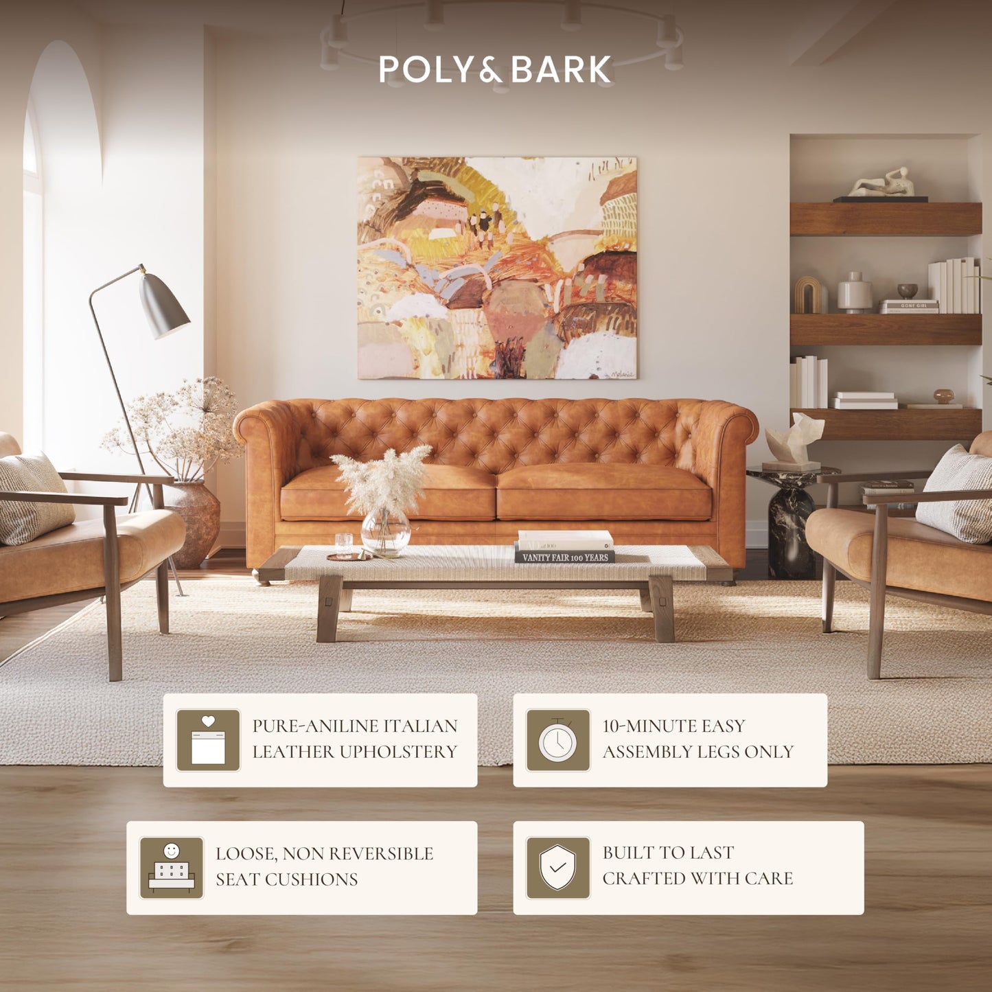 POLY & BARK Sorrento 86" Sofa – Cognac Tan Full-Grain Pure-Aniline Italian Leather, Feather-Down Cushions, Solid Wood Frame & Walnut Legs