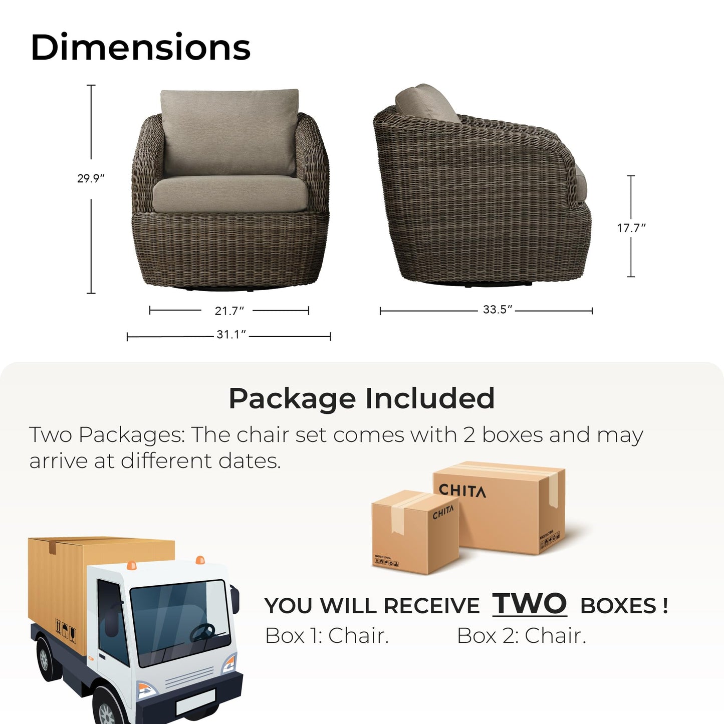 CHITA 5 Pieces Patio Wicker Furniture Set, Outdoor Rattan Bistro Set with Removable Thickened Cushions, Fully Assembled(Beige Cushions with Light Brown Wicker)