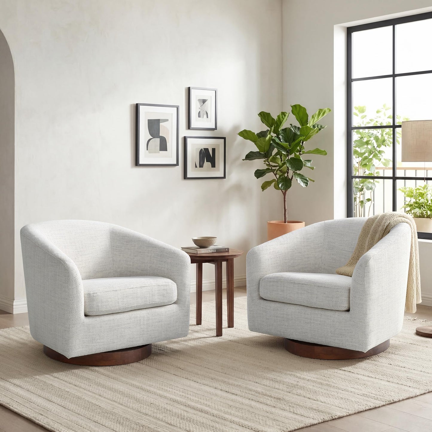 CHITA Swivel Accent Chair Set of 2, Fully Assembled Fabric Barrel Armchair with FSC Certified Upholstered for Living Room, Bedroom and Office, Flax Beige