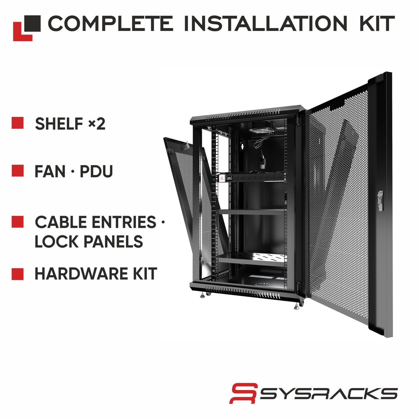 Sysracks 12U Wall Mount Server Rack, 35" Deep, Mesh Door, 19-Inch | Fan, PDU, shelf, cable brush panels, 133 lb wall mount capacity