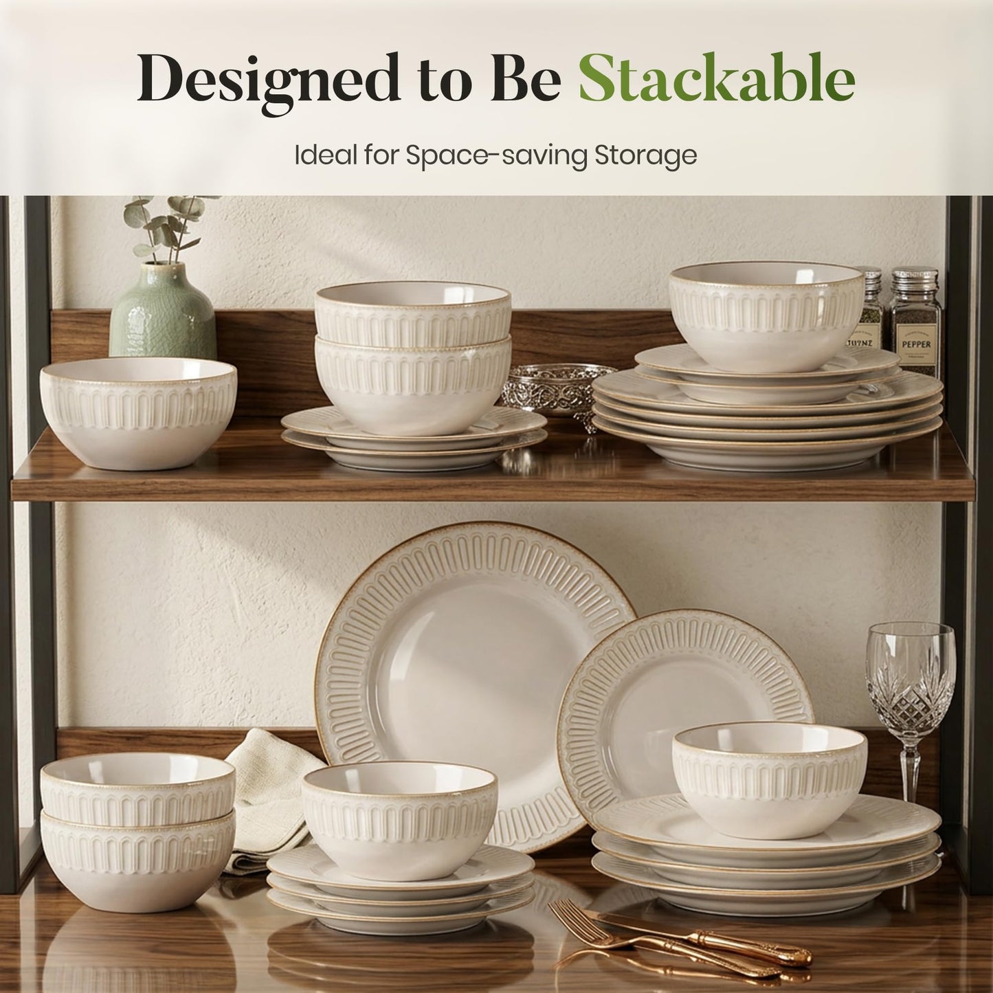 Kitchen Academy Stoneware Dinnerware Sets for 8, Embossed Ceramic Plates and Bowls Set, Beige Dishes