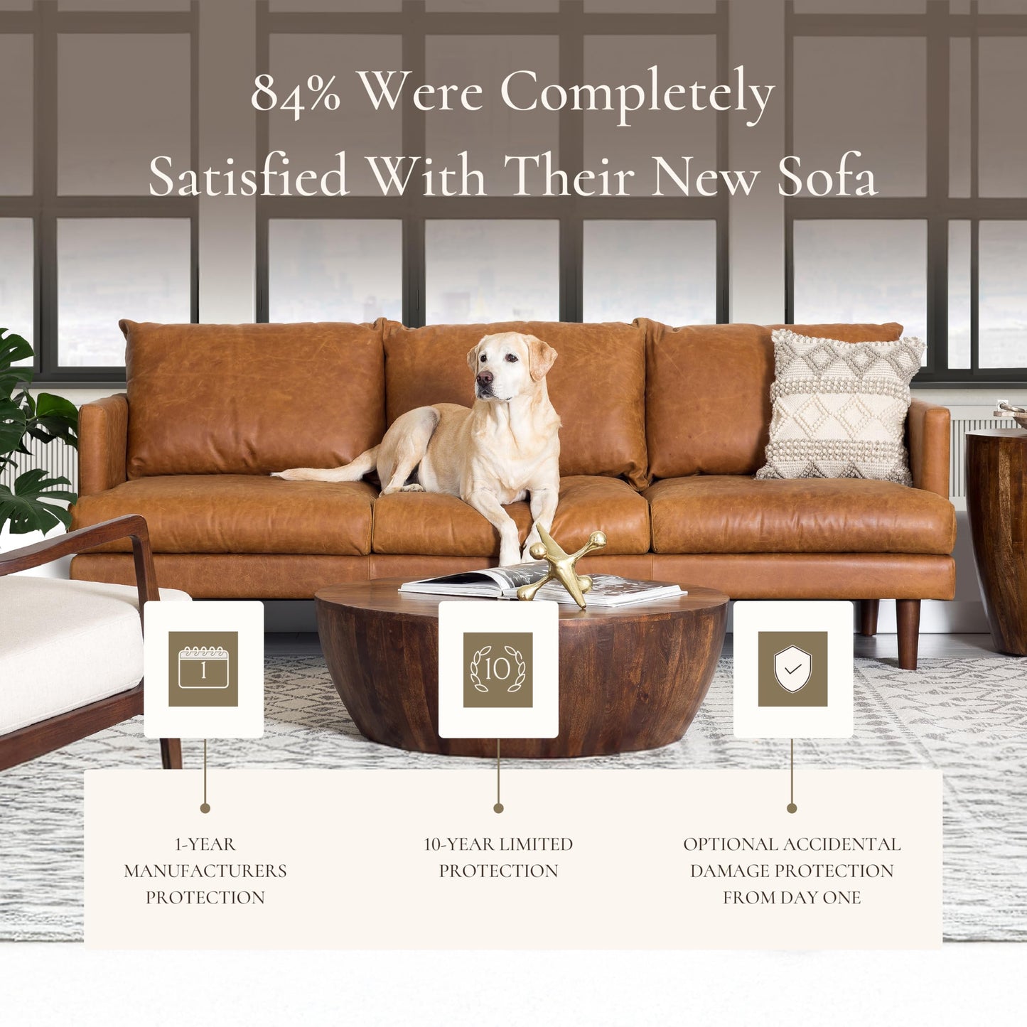 POLY & BARK Sorrento 86" Sofa – Cognac Tan Full-Grain Pure-Aniline Italian Leather, Feather-Down Cushions, Solid Wood Frame & Walnut Legs