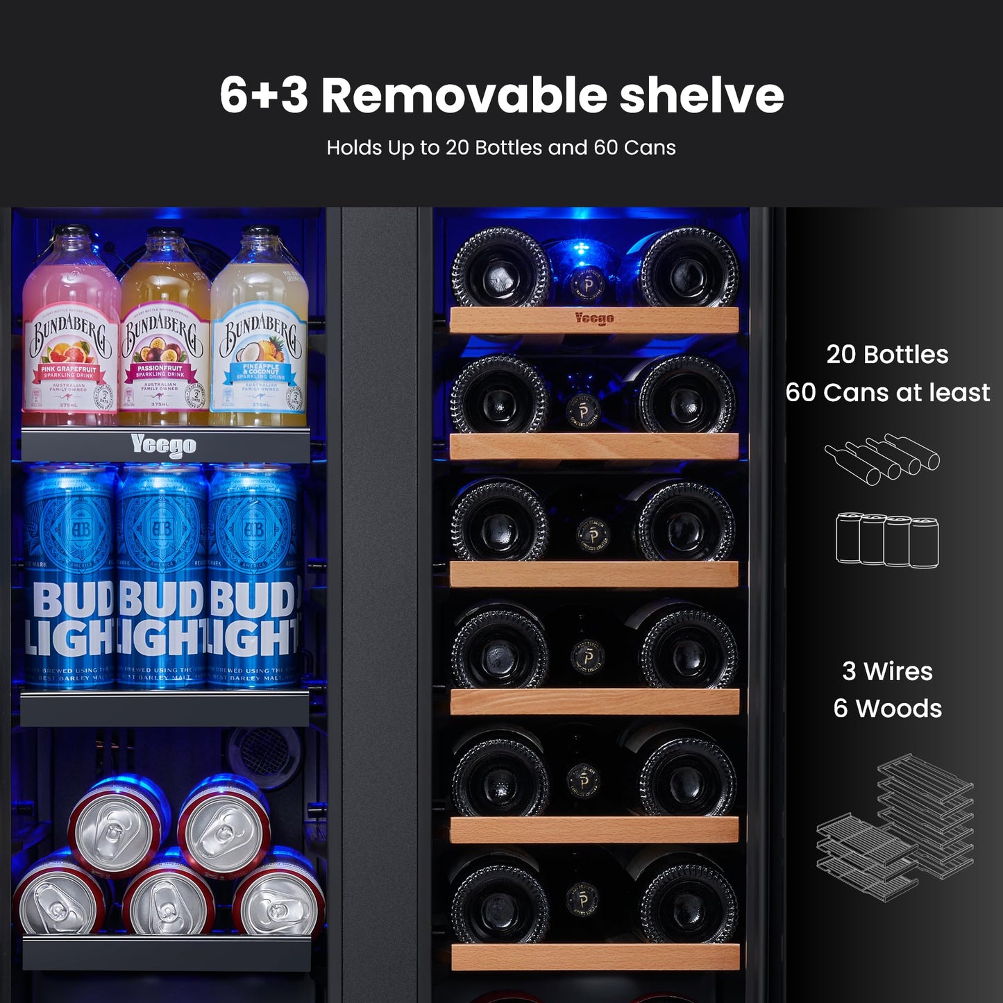 Yeego 24-Inch Beverage Refrigerator, Built-In or Freestanding Beverage Cooler, Up to 180 Cans, Glass Door Mini Fridge for Soda, Beer, Water & Wine (Left-Hinged)