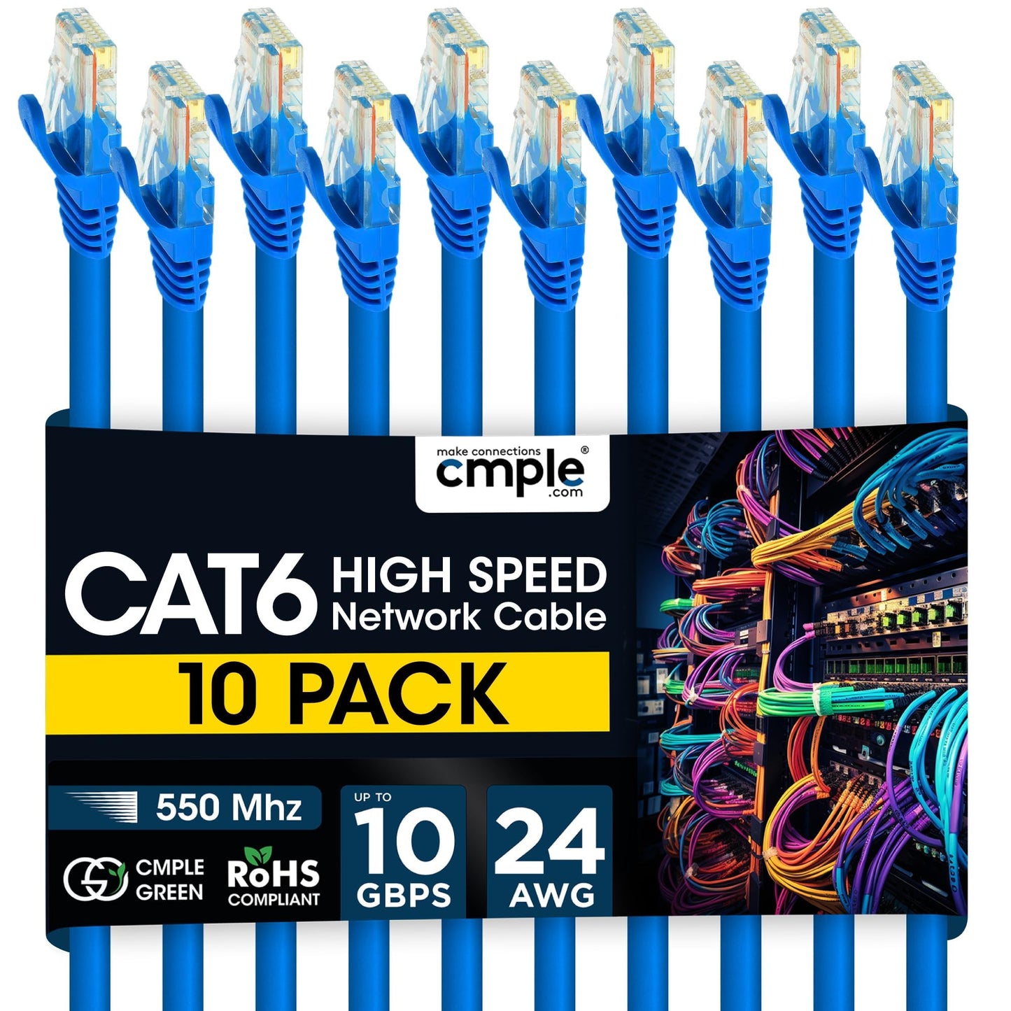 Cmple - Cat 6 Ethernet Cable 10 ft, Cat6 Patch Cables 10Gbps LAN Cable, 550MHz Network Cable, RJ45 Connectors, Compatible with Gaming Computer, Laptop, Modem, Router, HDTV, Gaming Console - Yellow