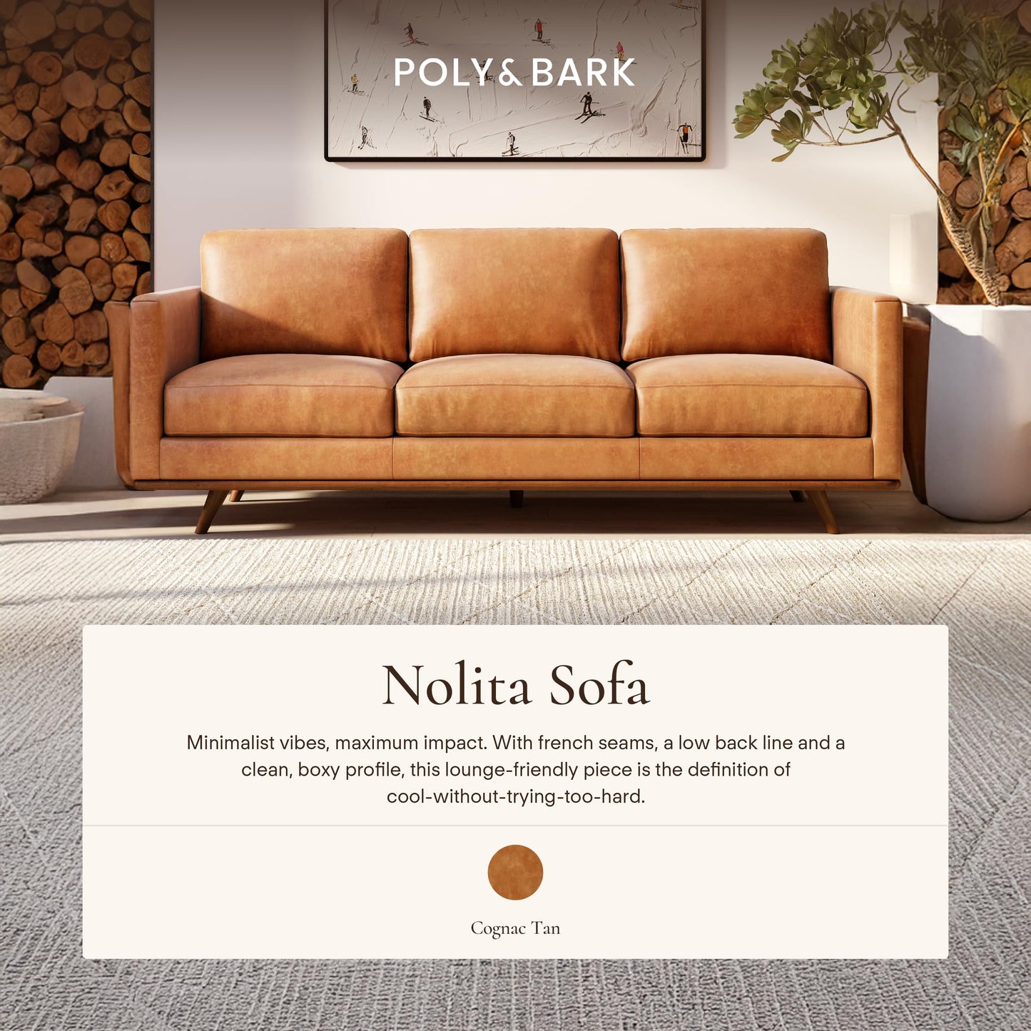 POLY & BARK Sorrento 86" Sofa – Cognac Tan Full-Grain Pure-Aniline Italian Leather, Feather-Down Cushions, Solid Wood Frame & Walnut Legs