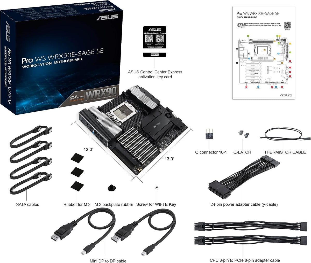 ASUS Pro WS WRX90E-SAGE SE EEB Workstation Motherboard, AMD Ryzen™ Threadripper™ PRO 7000 WX-Series, ECC R-DIMM DDR5, 32 Power-Stage,7xPCIe 5.0x16, PCIe 5.0 M.2, 10Gb & 2.5Gb LAN, Multi-GPU Support