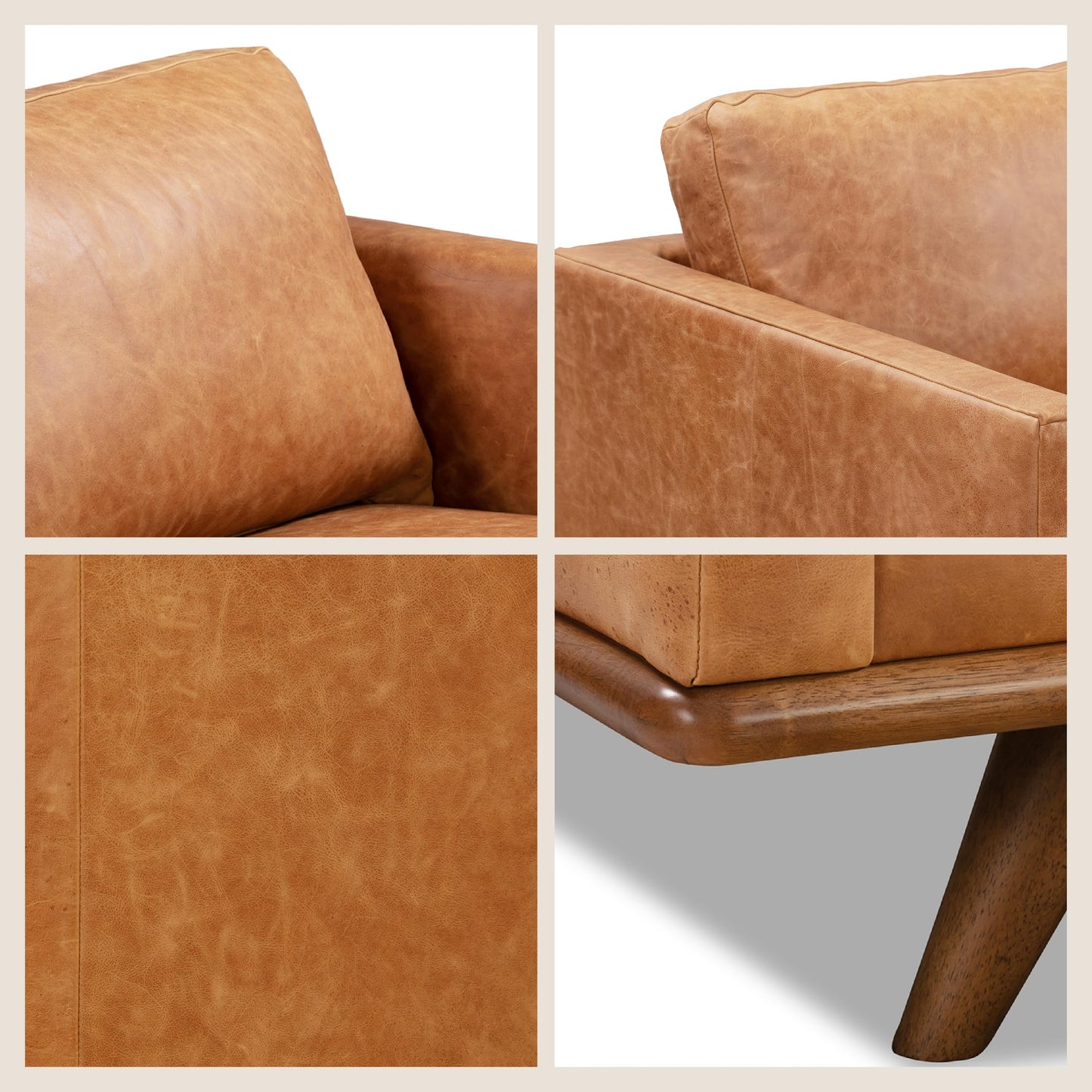 POLY & BARK Sorrento 86" Sofa – Cognac Tan Full-Grain Pure-Aniline Italian Leather, Feather-Down Cushions, Solid Wood Frame & Walnut Legs