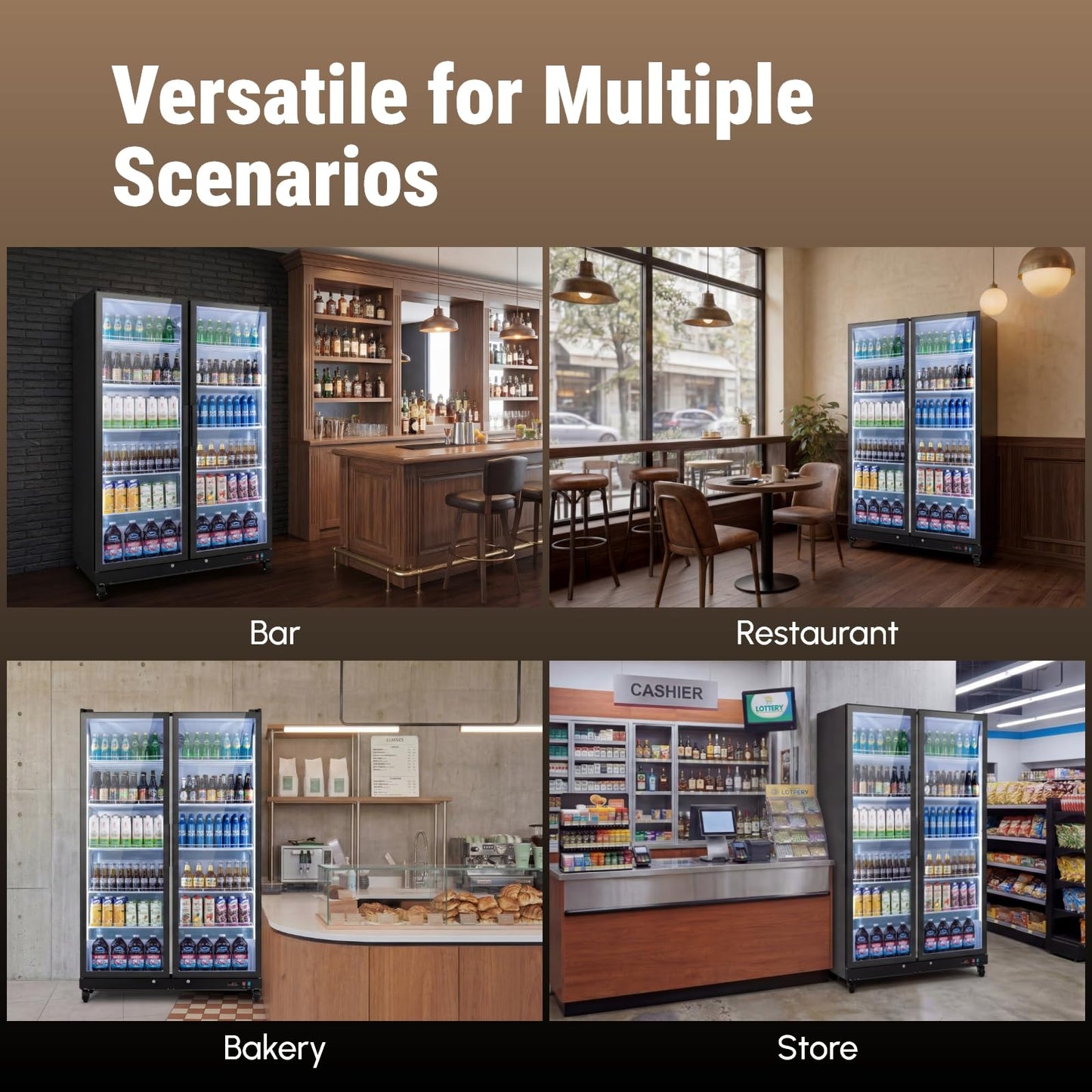 Yeego Commercial Refrigerators - 27.1 Cu.Ft 2 Glass Doors Commercial Beverage Refrigerator with LED Light & Adjustable Shelves, 32-50°F Commercial Cooler for Stores Bakery Bar Offices Restaurants