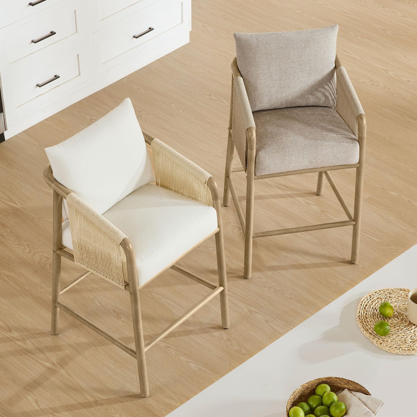CHITA 27" Counter Height Bar Stools Set of 2, Boho Woven Paper Cord Counter Stools with Back and Armrests, Upholstered Rope Bar Chairs for Kitchen Island & Home Bar, Cream
