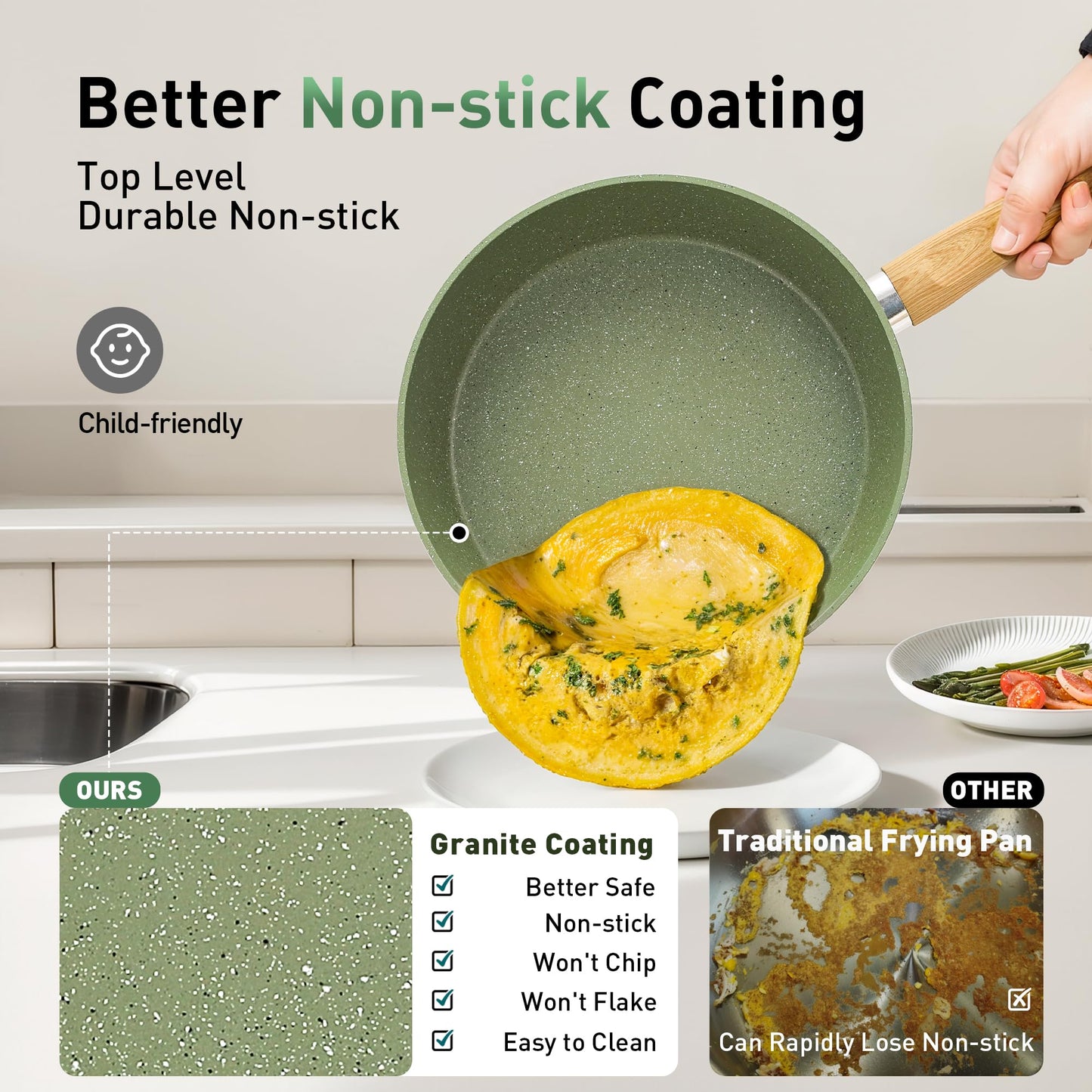 Kitchen Academy Induction Cookware Set Non Stick, 17Pcs Granite Pots & Pans | Nonstick Cooking Frying Pans for Induction Gas Electric Stove, Non-Toxic PFOA & PFOS Free, Black