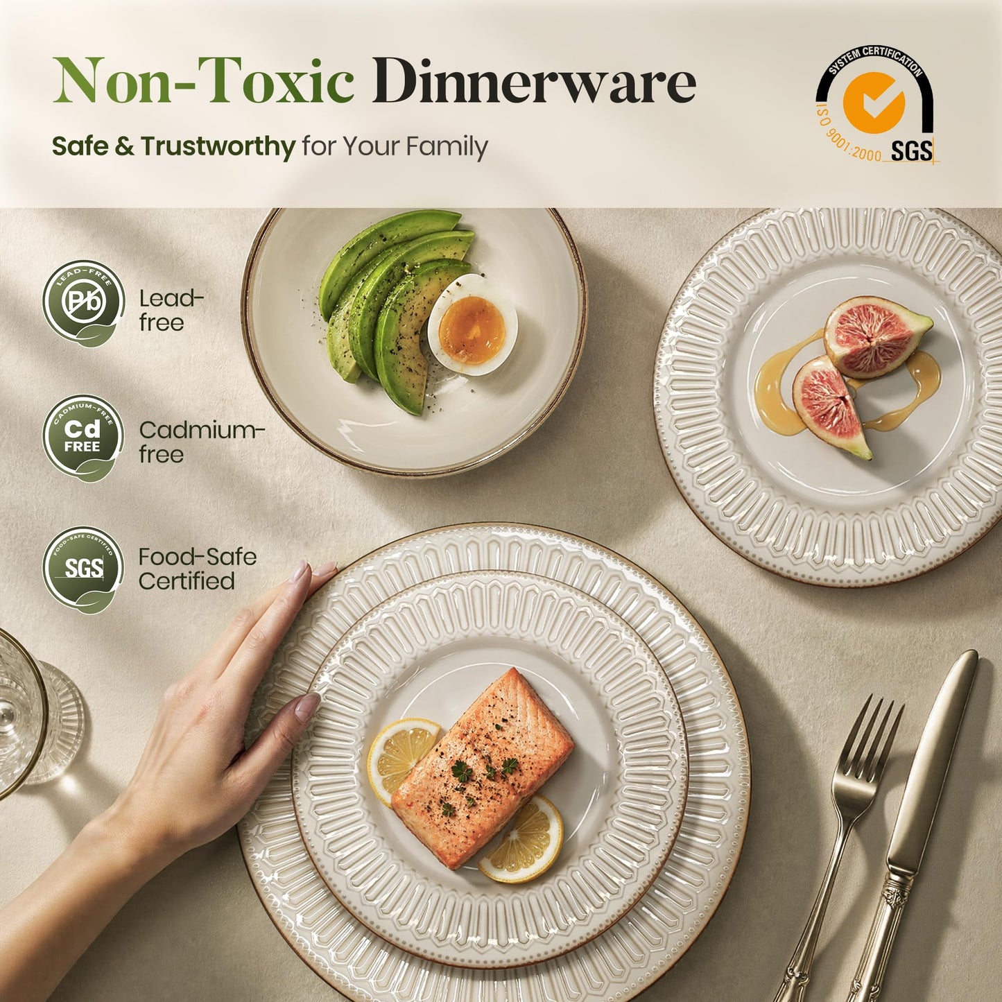 Kitchen Academy Stoneware Dinnerware Sets for 8, Embossed Ceramic Plates and Bowls Set, Beige Dishes