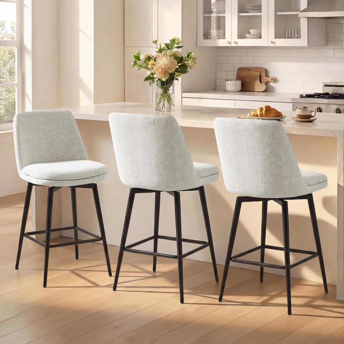 CHITA Swivel Bar Stools, 27.2" Counter Height Bar Stools Set of 3, FSC Certified Upholstered Modern Counter Stools, Metal Legs, Faux Leather, Saddle Brown
