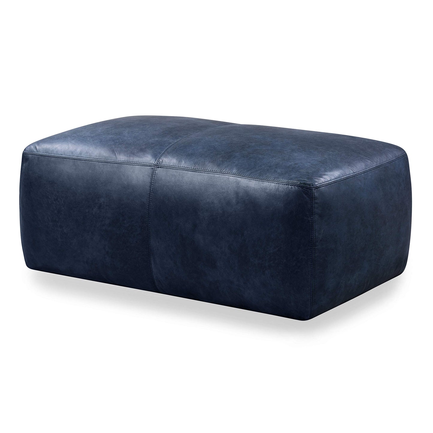 POLY & BARK Denver Ottoman – 43" Large Pouf with Feather-Down Topper – Full-Grain Leather Upholstered Pouf Ottoman for Living Room – Vintage Italian Leather in Cognac Tan
