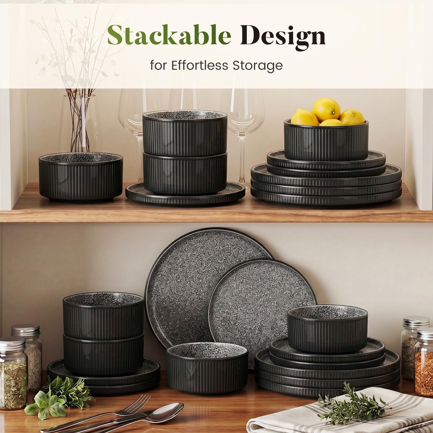 Kitchen Academy Brown Stoneawre Dinnerware Sets for 8, 24Pcs Ceramic Non Toxic Plates and Bowls Sets, Scratch Resistant Dishes, Oven & Microwave Safe