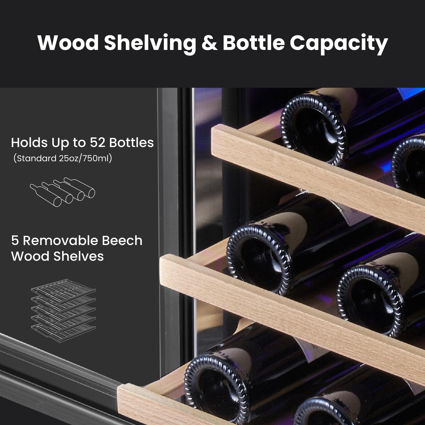 Yeego 24 Inch Wine Fridge Cooler - 52 Bottles Wine Cooler with Glass Door, 40-65℉ Built-In or Freestanding Refrigerator, Under Counter Wine Fridge for Kitchen Bar Office (Left-Hinged)