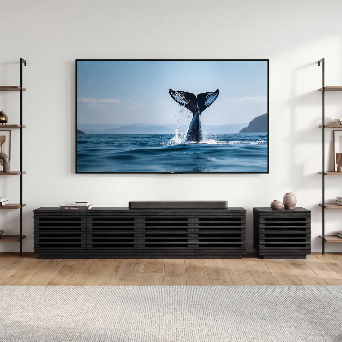 CHITA 70" Modern TV Stands with LED Light for TVs Up to 75 inches, Low Profile Entertainment Center with 4 Flip-Down Door & Fluted Details, TV Media Console for Living Room, Black