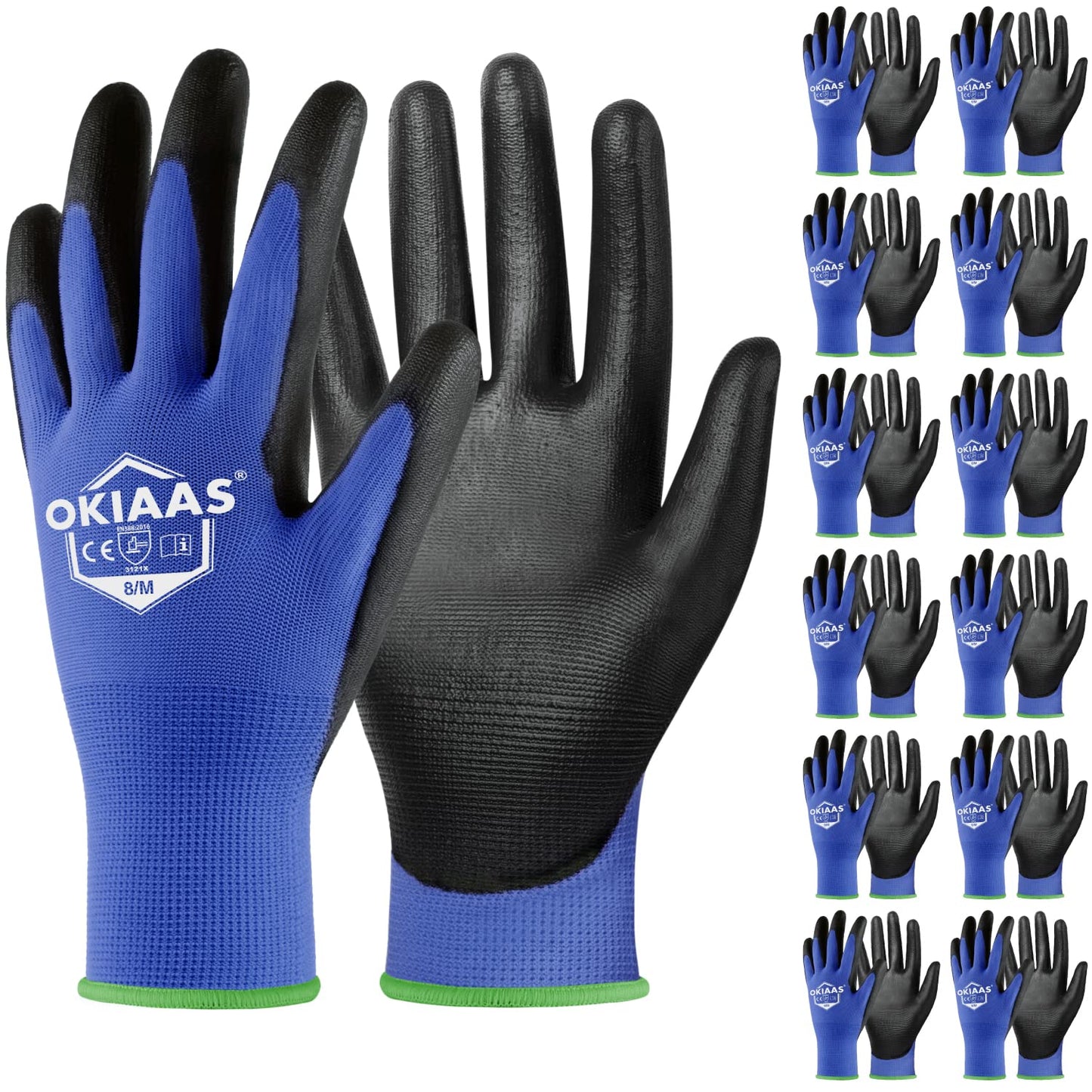 OKIAAS Work Gloves for Men,Ultra Thin and Lightweight Working Gloves with Grip,12 Pairs Bulk Pack Construction Gloves with Polyurethane Coating,Safety Gloves for Light Duty Work (Black, Large)