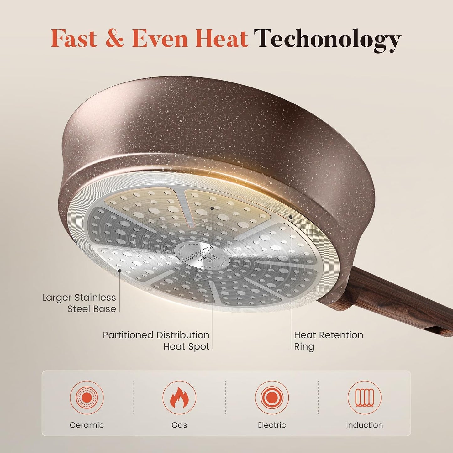 Kitchen Academy 10Pcs Induction Pots & Pans Set Non Stick, Brown | Nonstick Cookware Set, Healthy Non Toxic Cooking Pans and Sets, Easy to Clean, PFOA&PFAS Free