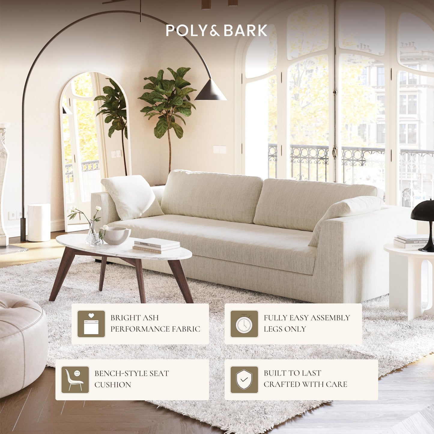 Poly & BARK Napa 88.5" Sofa with Deep Seating, Tailored Upholstered Finish, Clean Modern Lines, and Balanced Proportions for Comfortable and Refined Living Spaces
