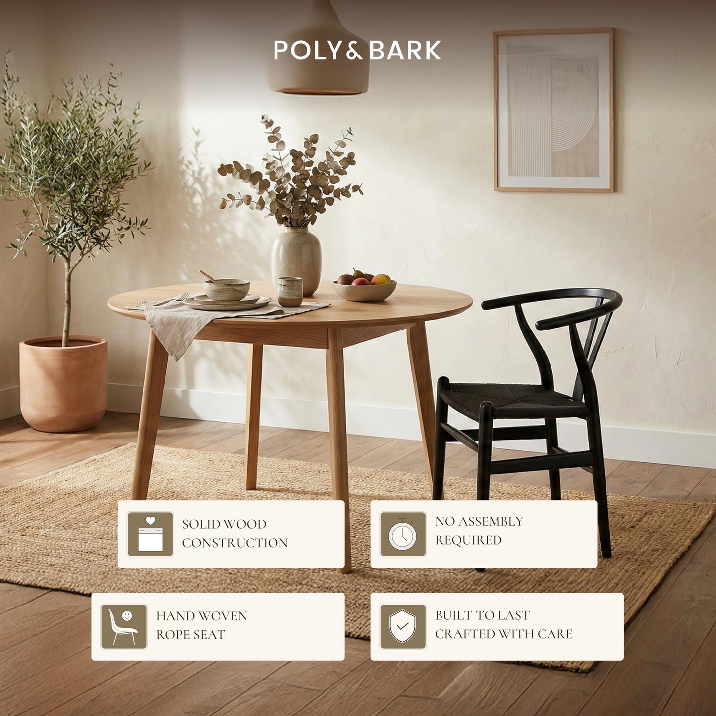 POLY & BARK Weave Dining Chair – Mid-Century Modern Wishbone Dining Chair with Arms, Solid Wood Frame, Indoor Use – Black – Single - Ideal for Dining Room, Kitchen or Stylish Accent Setting