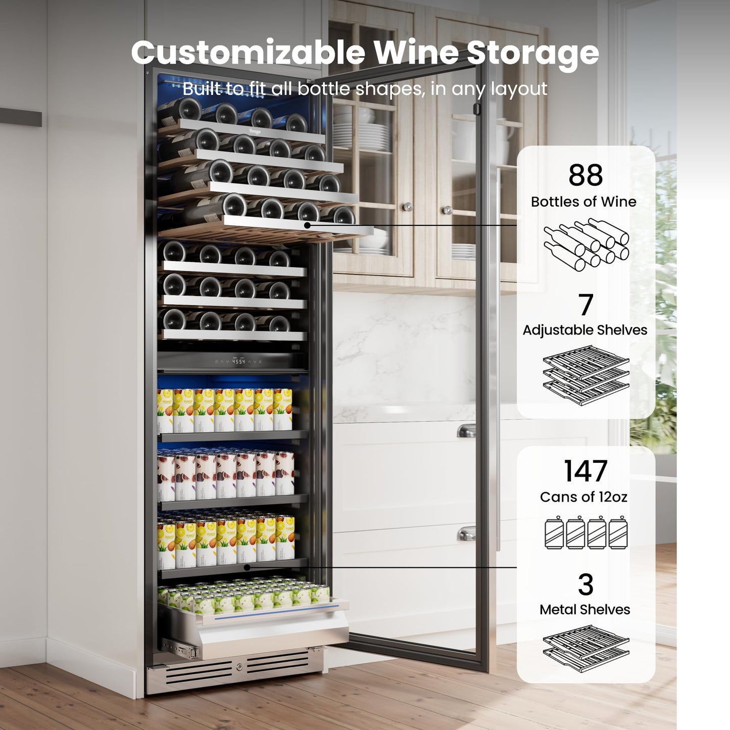 Yeego Wine Fridge Cooler - 24 Inch Dual Zone Wine Fridge Hold 52 Bottles, 40-65°F Wine Refrigerator Glass Door, Built in Fridge, Freestanding Adjustable Shelves Fridge for Beer Soda Drink Home Bar