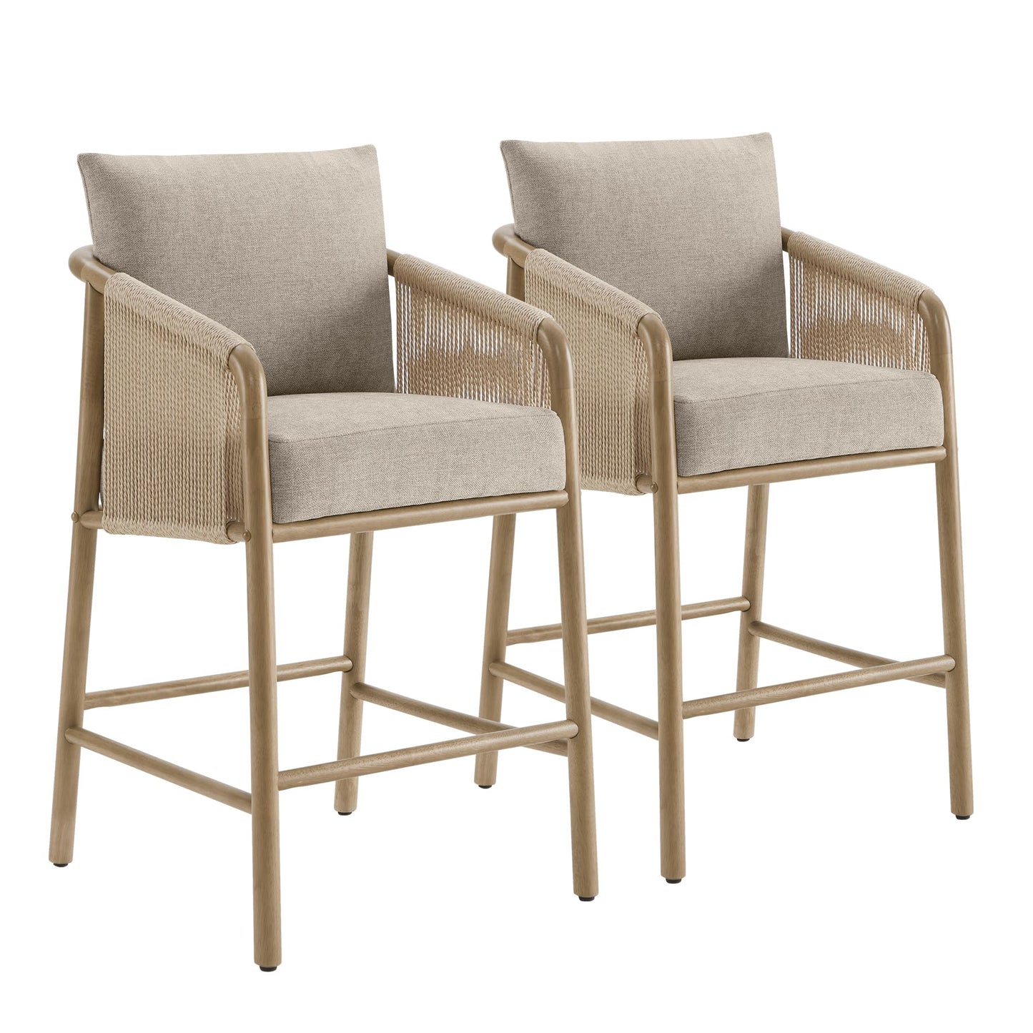 CHITA 27" Counter Height Bar Stools Set of 2, Boho Woven Paper Cord Counter Stools with Back and Armrests, Upholstered Rope Bar Chairs for Kitchen Island & Home Bar, Cream