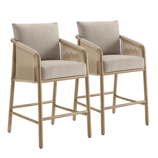 CHITA 27" Counter Height Bar Stools Set of 2, Boho Woven Paper Cord Counter Stools with Back and Armrests, Upholstered Rope Bar Chairs for Kitchen Island & Home Bar, Cream