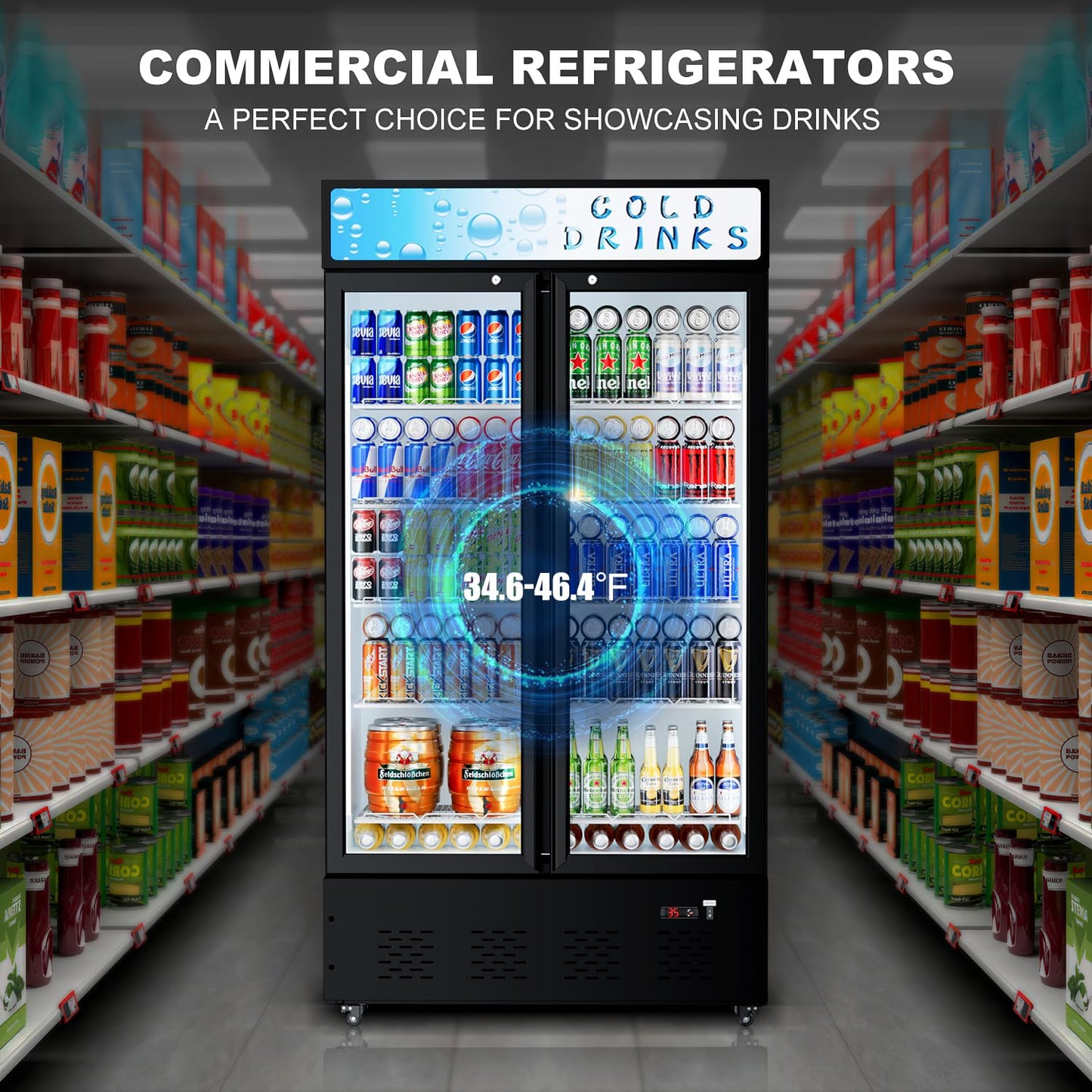 25.7'' W Commercial Refrigerators with Glass Door, 15 Cu.ft. Beverage Refrigerators Commercial Fridge Upright Display Cooler with Soft LED Light and Adjustable Shelves for Restaurant Stores