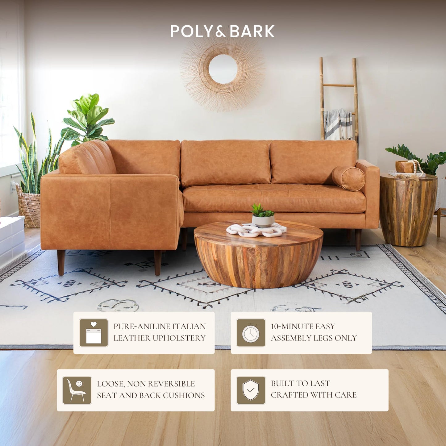 POLY & BARK Napa 82" Leather Pull‑Out Sleeper Sofa – Full‑Grain Italian Leather Upholstery,Tri‑Layer Mattress & Storage Console –Sophisticated Multi‑Functional Sofa Bed for Living Rooms & Guest Spaces