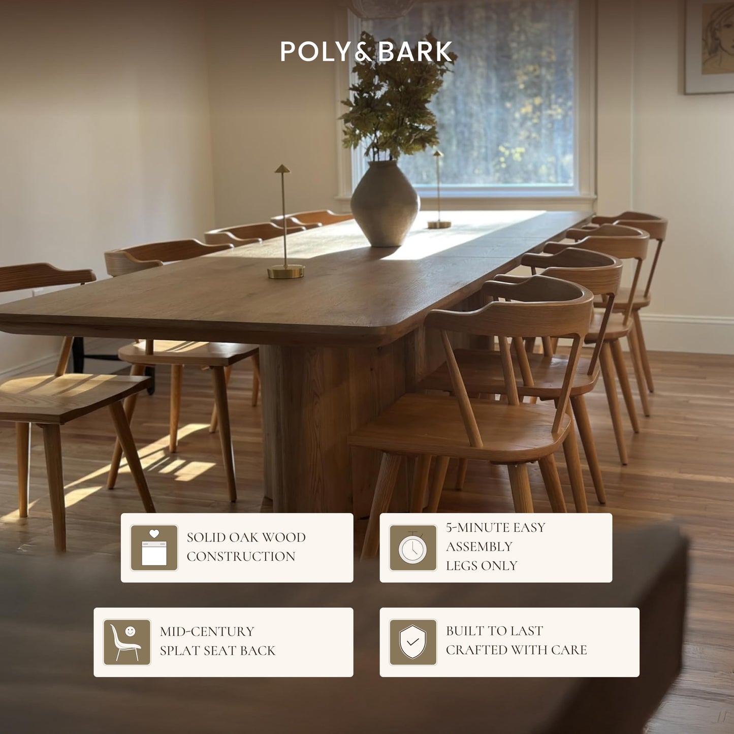 POLY & BARK Mid Century Modern Enzo Black Dining Chair – Solid Oak Wood Splat Back Chair, 18" Seat Height, 32" Tall – Stylish MCM Kitchen & Dining Room Chair